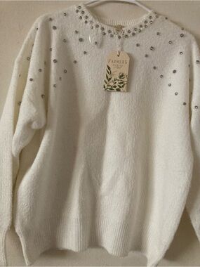 White Embellished Crewneck Sweater